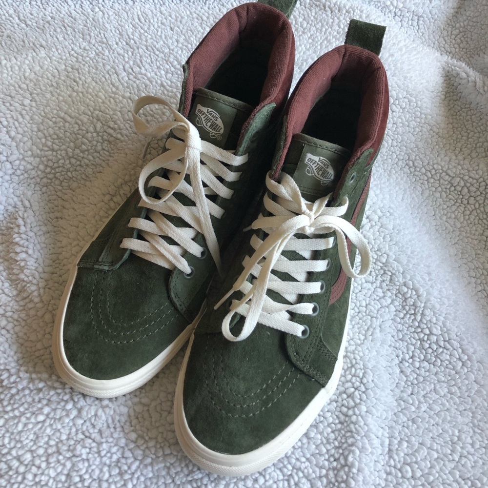 Vans High Top Army Green Scotchguard Shoes With Dark Maroon Accents